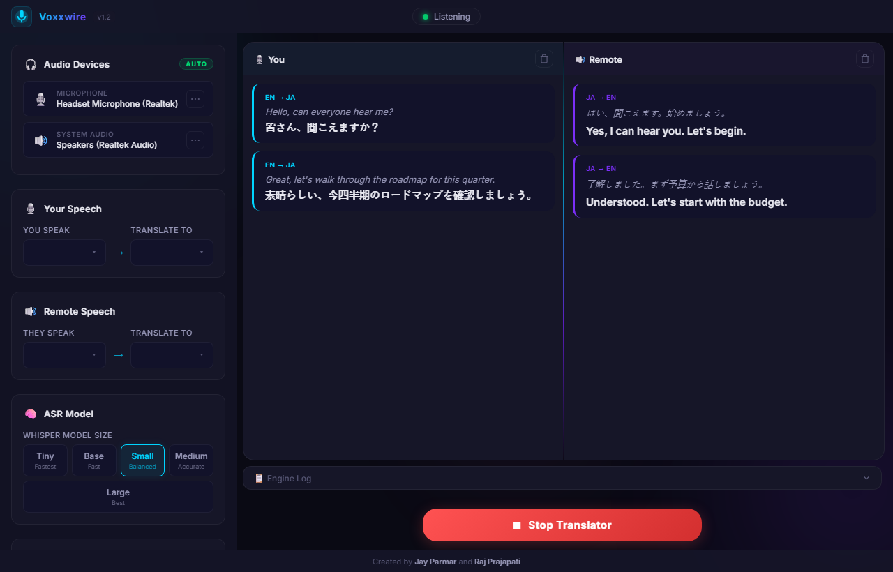 Voxxwire app in use, showing a live translated conversation in the split You / Remote panels